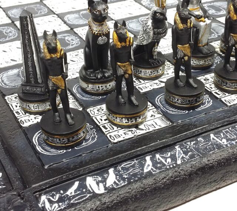 Egyptian Anubis Chess set W/ 16" Hieroglyphics Board - Black, silver and gold