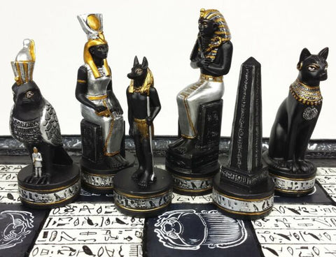 Egyptian Anubis Chess set W/ 16" Hieroglyphics Board - Black, silver and gold