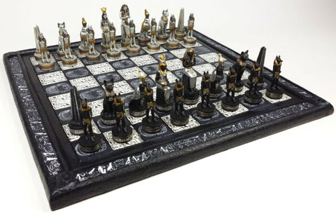 Egyptian Anubis Chess set W/ 16" Hieroglyphics Board - Black, silver and gold